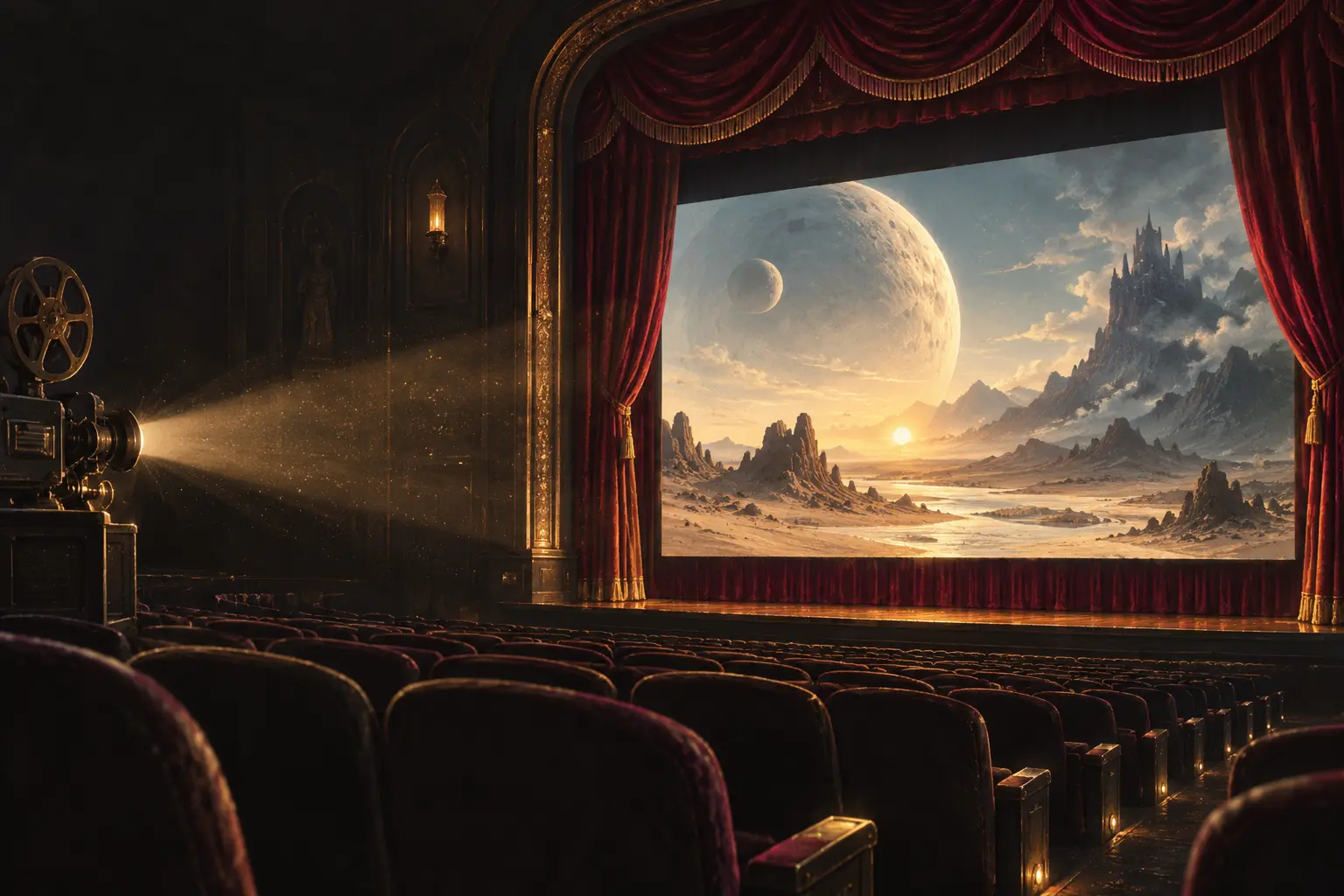 Accelerated Viewer brand illustration: a movie theater opening onto a fantastical desert world