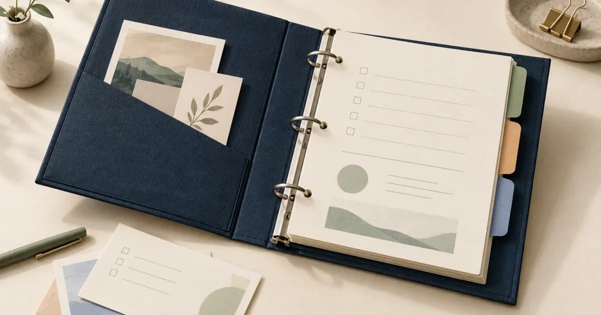 MCPBinder brand illustration: an open binder with tasks and project notes